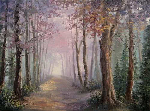 Pintura, floresta em meio à névoas